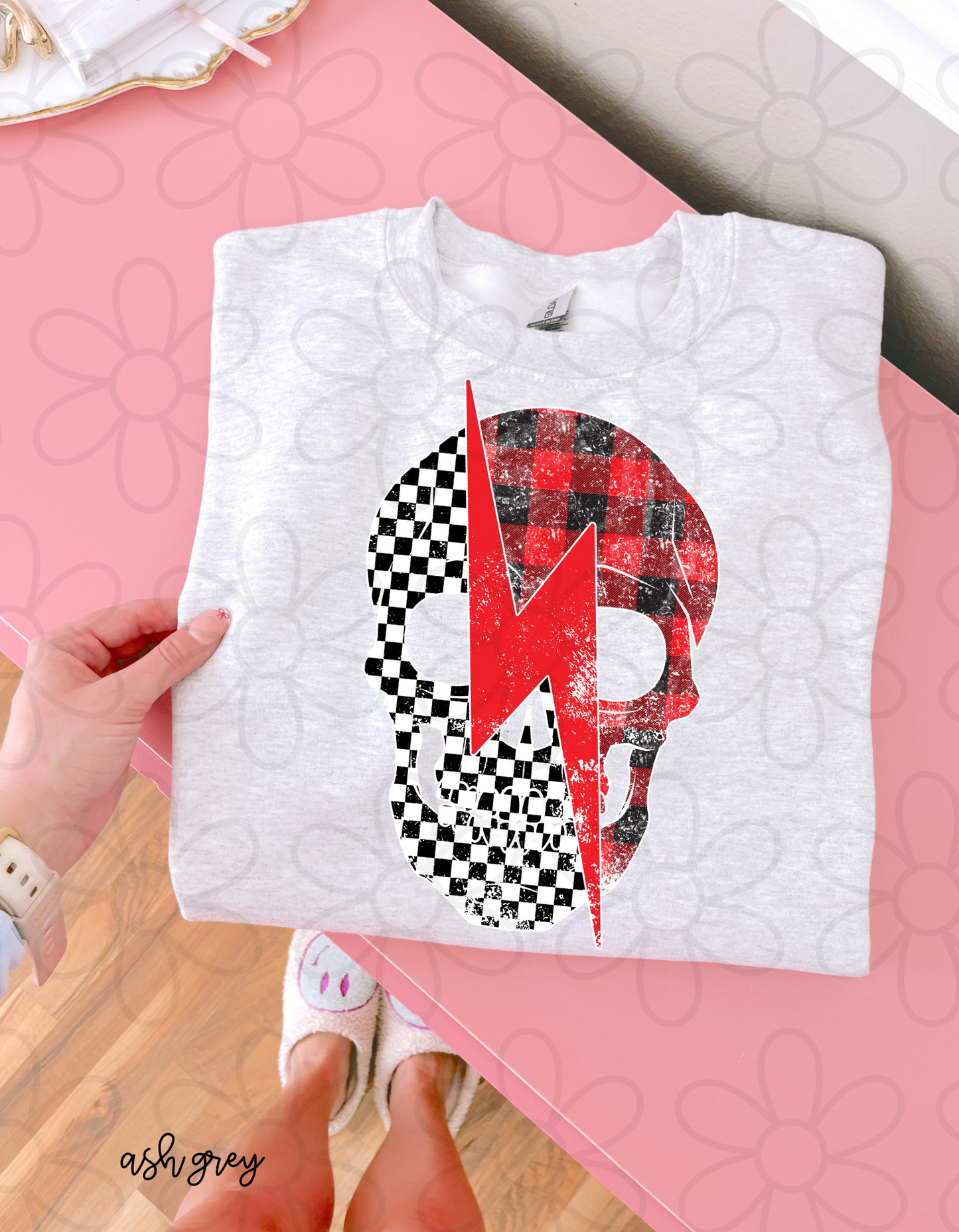 Checkered Plaid Skull Lightning Bolt Tee